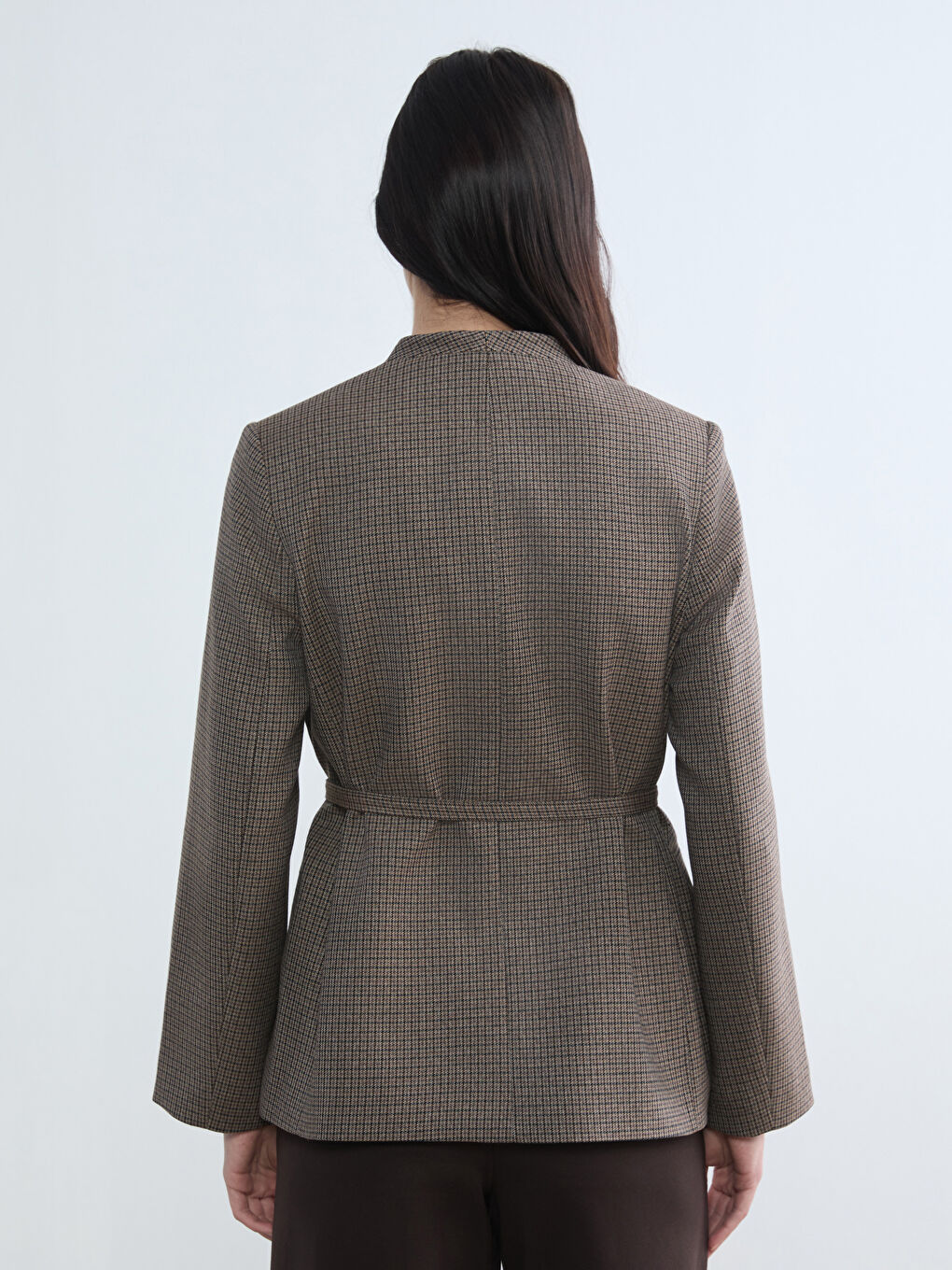 Kahverengi Kemerli Ekose Kadın Blazer Ceket-4