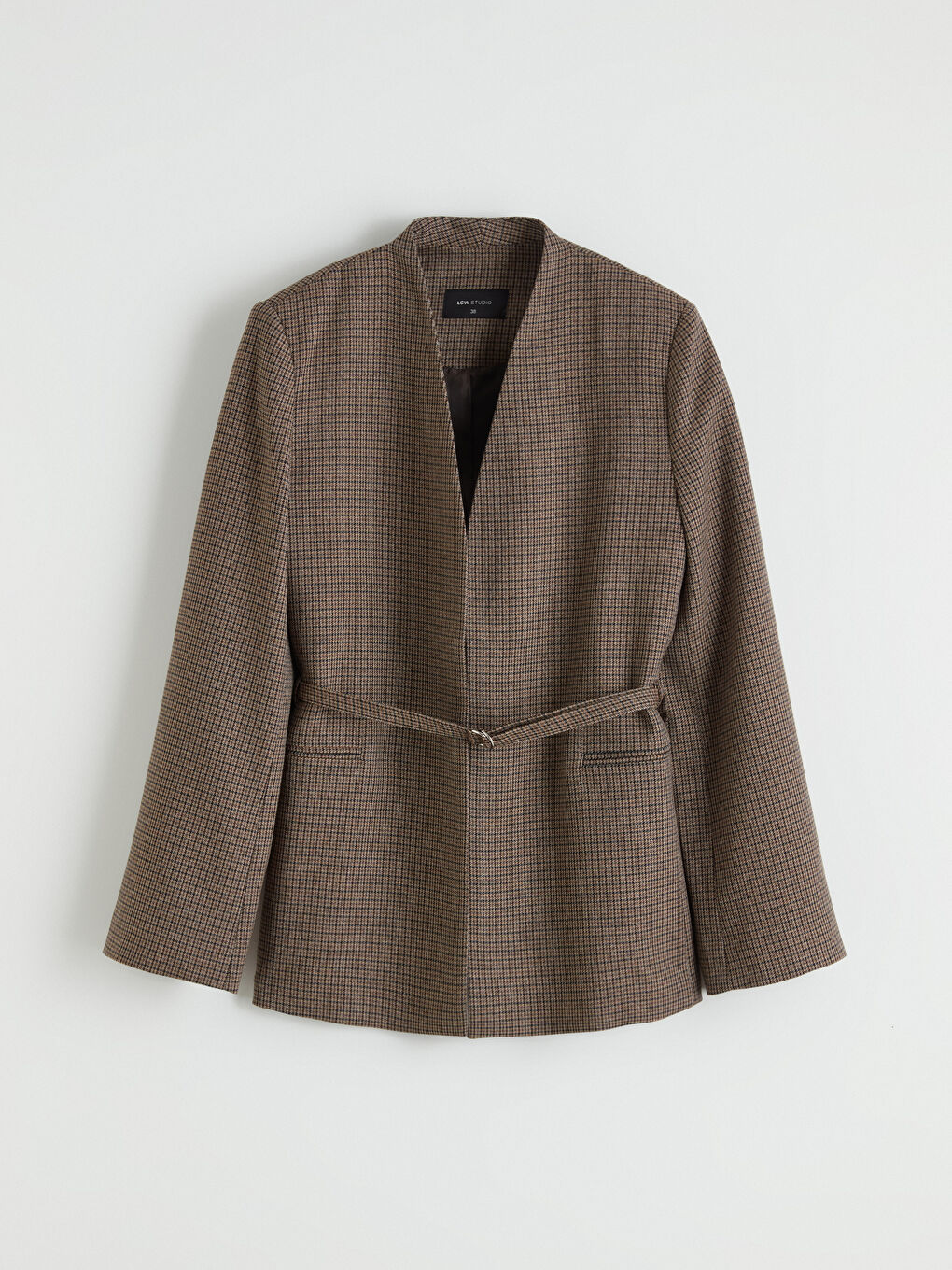 Kahverengi Kemerli Ekose Kadın Blazer Ceket-5