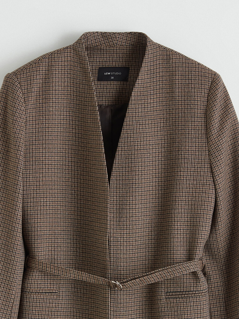 Kahverengi Kemerli Ekose Kadın Blazer Ceket-6