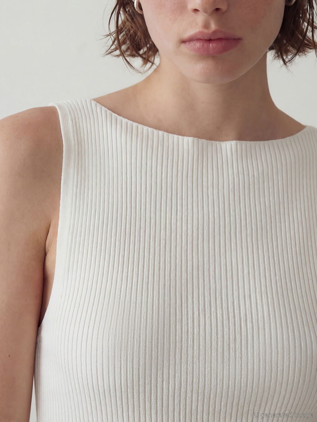 Ekru Kayık Yaka Fitilli Kadın Triko Kazak-1