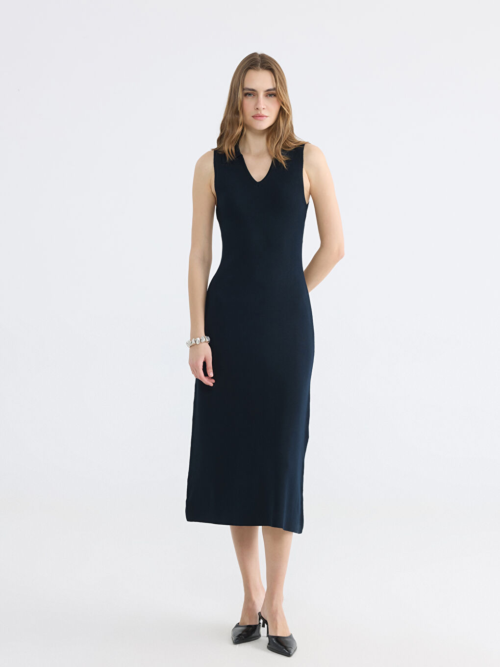 Rochie Tricotată Mulată cu Guler Polo