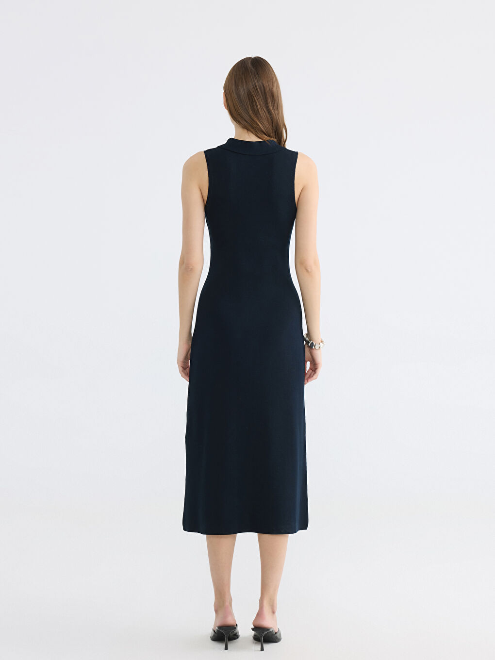 Rochie Tricotată Mulată cu Guler Polo-3