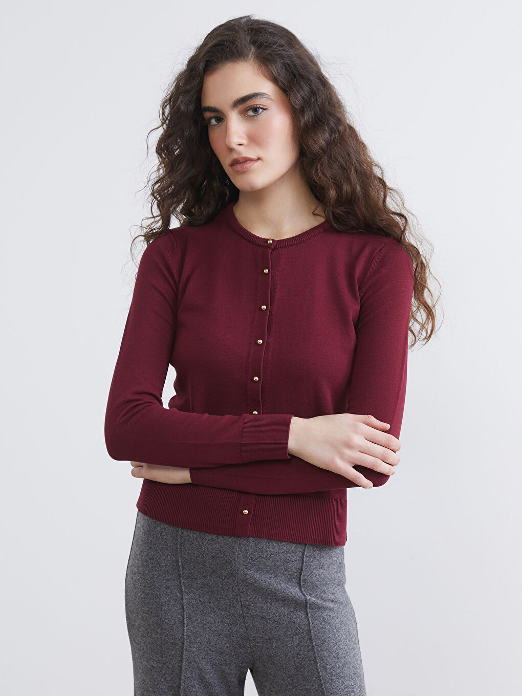 Bordo Bisiklet Yaka Kadın Triko Hırka