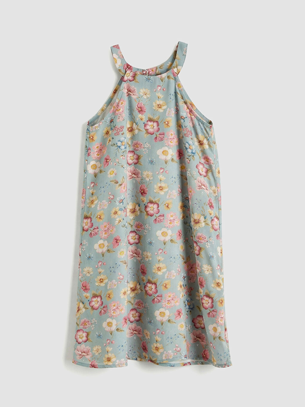Yeşil Halter Yaka Çiçek Desenli Kız Çocuk Elbise