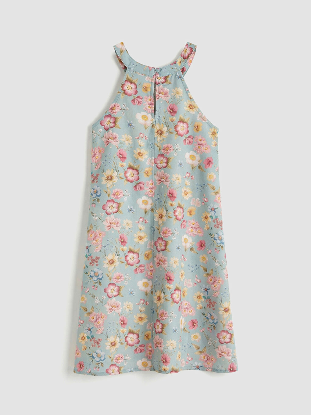 Yeşil Halter Yaka Çiçek Desenli Kız Çocuk Elbise-1