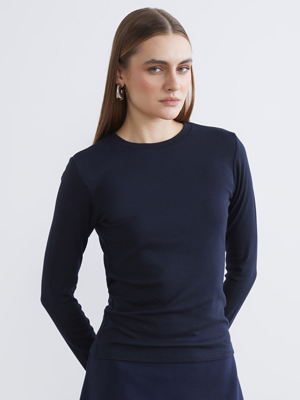 Lacivert Bisiklet Yaka Modal Karışımlı Kadın Body