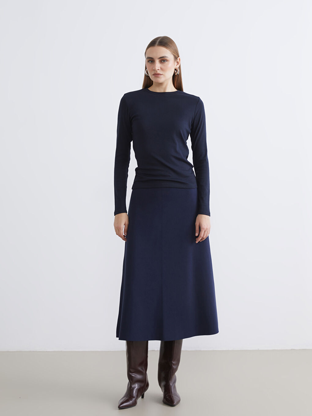 Lacivert Bisiklet Yaka Modal Karışımlı Kadın Body-1