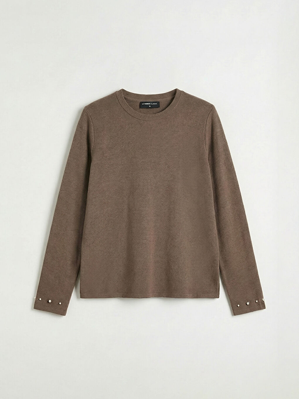 Bej Bisiklet Yaka İnci Detaylı Bluz