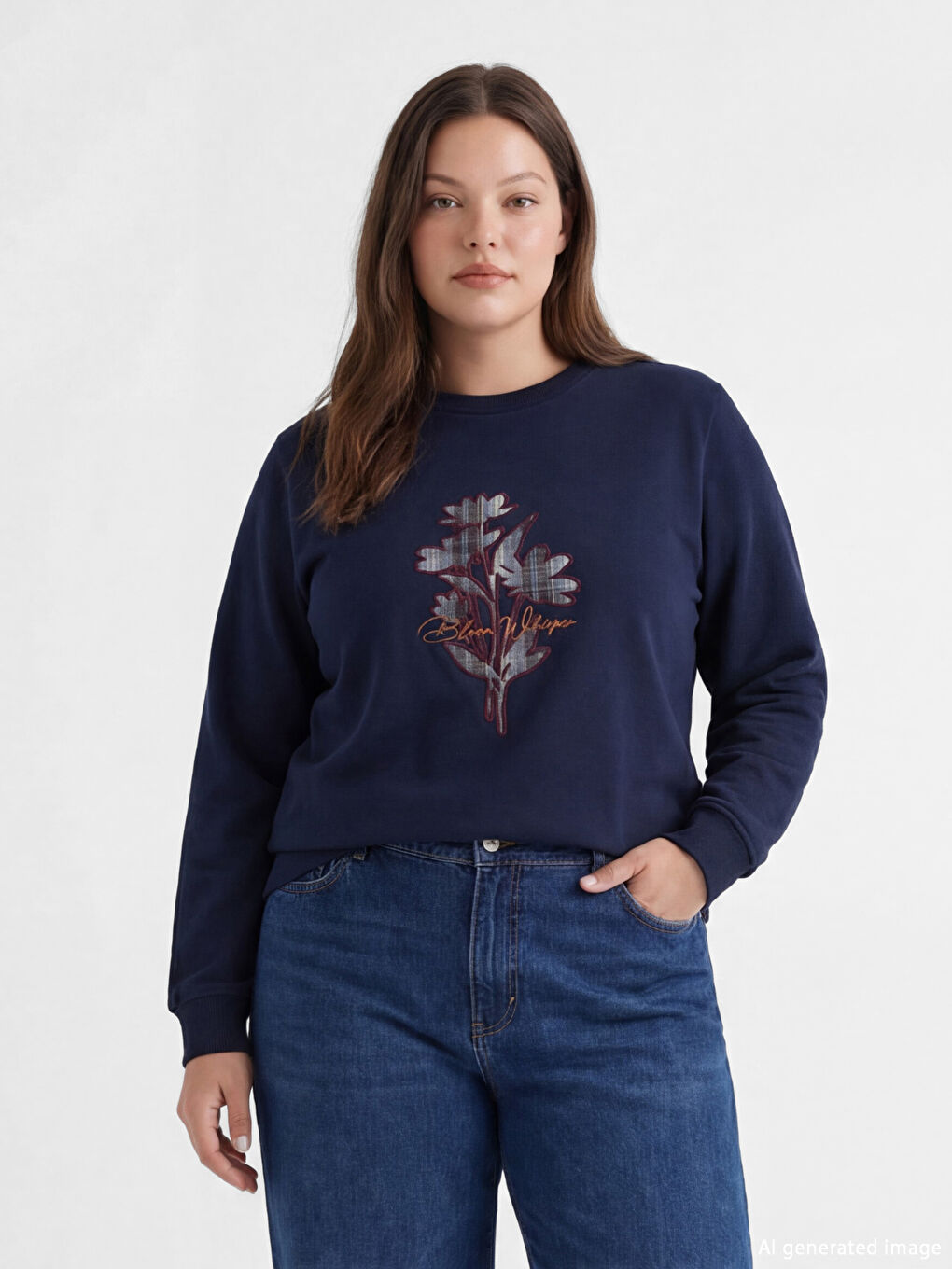 Lacivert Bisiklet Yaka Çiçekli Kadın Kalın Sweatshirt-1