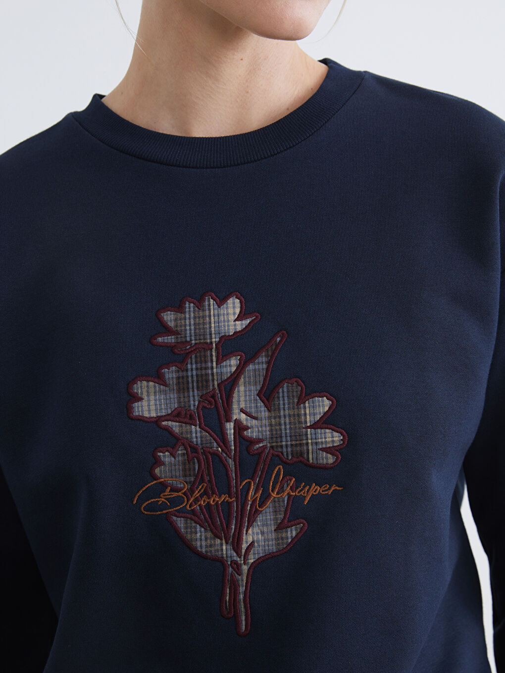 Lacivert Bisiklet Yaka Çiçekli Kadın Kalın Sweatshirt-2