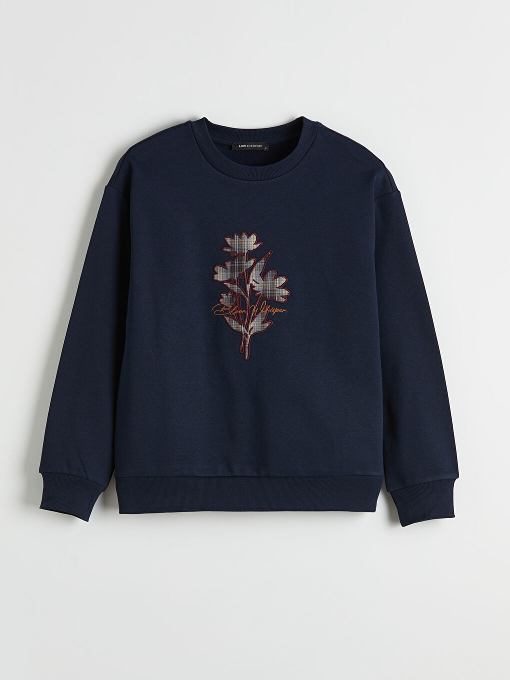 Lacivert Bisiklet Yaka Çiçekli Kadın Kalın Sweatshirt-4