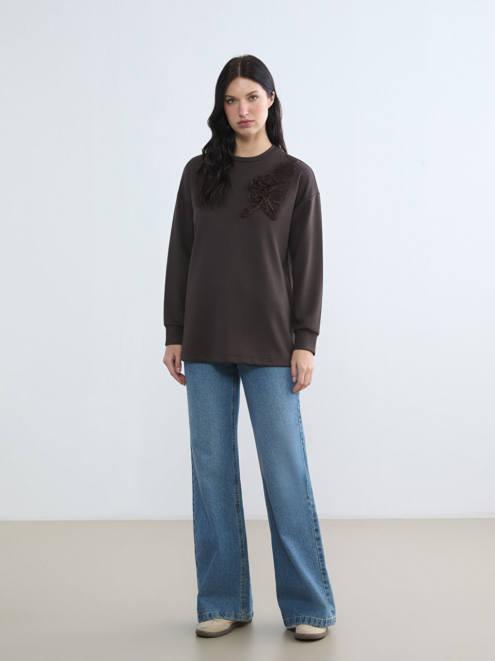 Kahverengi Soft Touch Oversize Kadın Sweatshirt Tunik-1