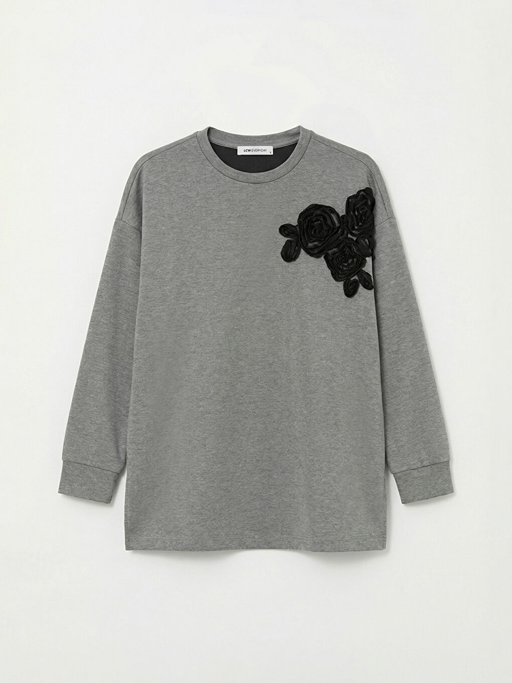 Antrasit Çiçek Aplikeli Oversize Kadın Sweatshirt Tunik