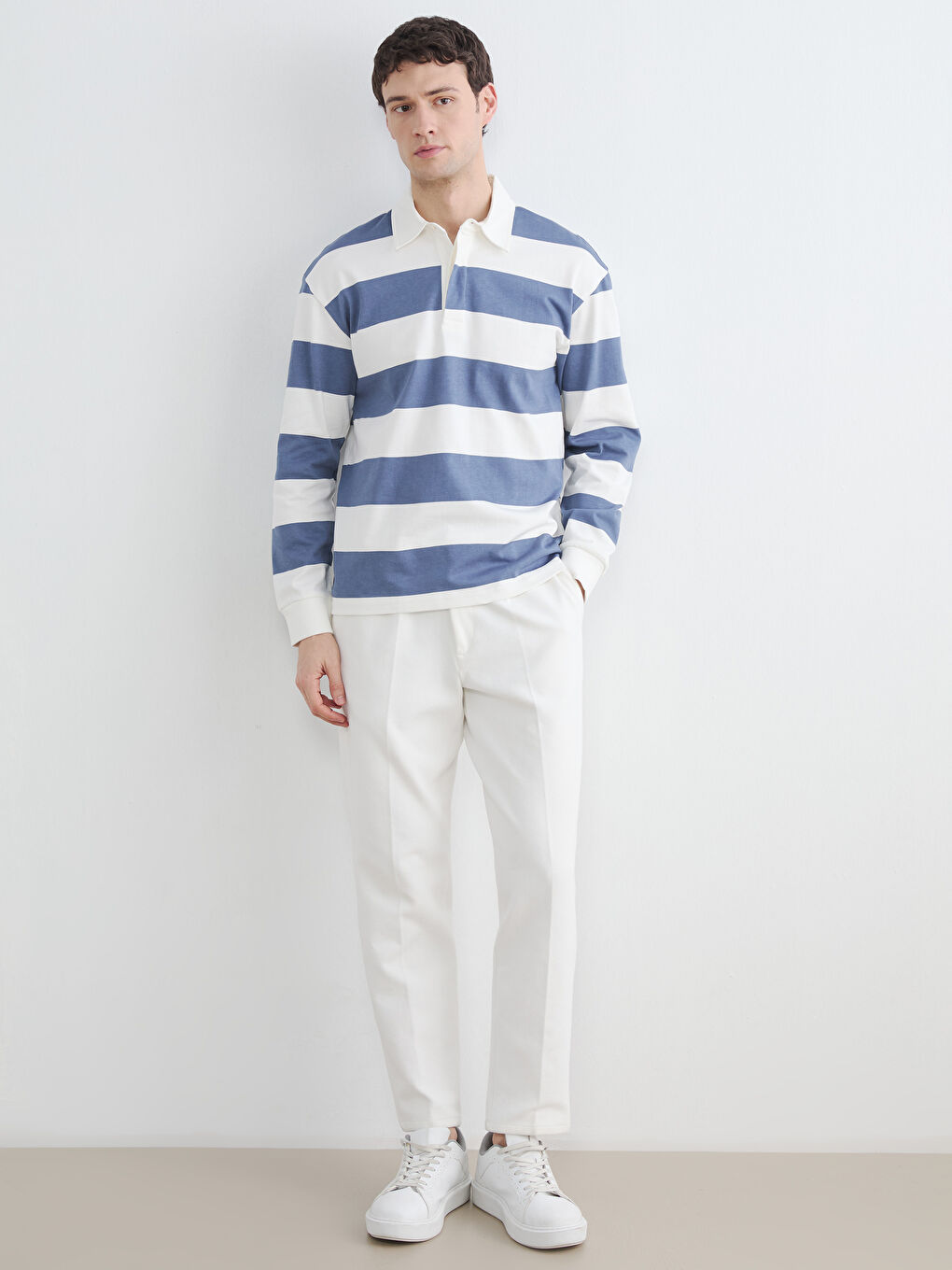 Mavi Polo Yaka Çizgili Erkek Sweatshirt-1