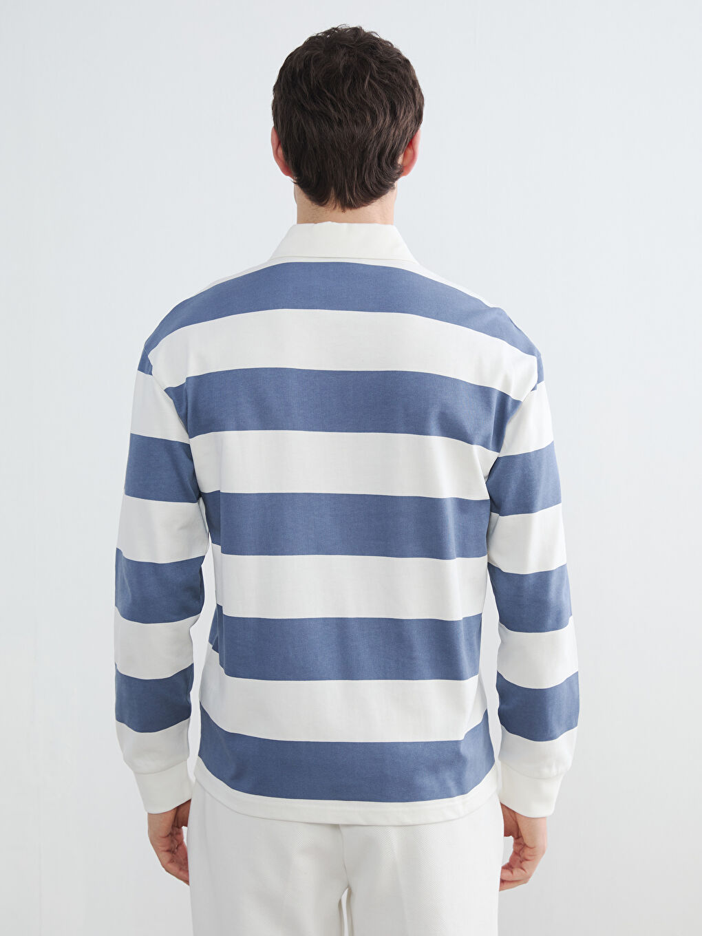 Mavi Polo Yaka Çizgili Erkek Sweatshirt-3