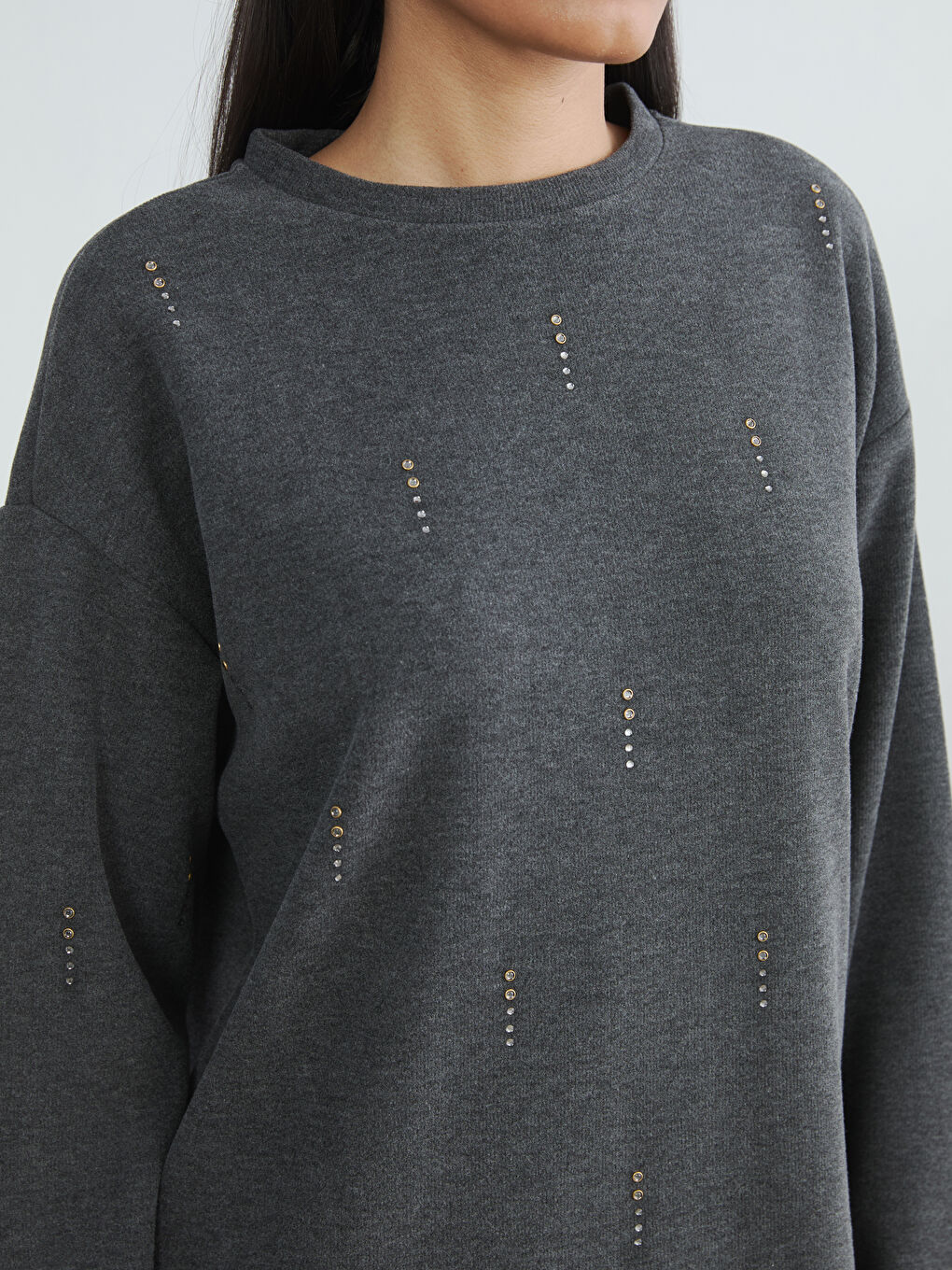 Antrasit Soft Touch Taşlı Kadın Sweatshirt Tunik	-2