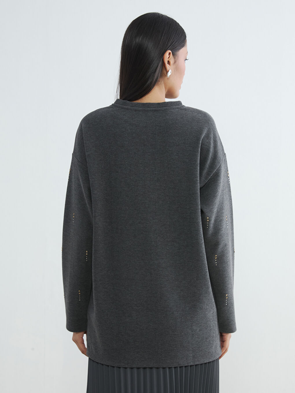 Antrasit Soft Touch Taşlı Kadın Sweatshirt Tunik	-4
