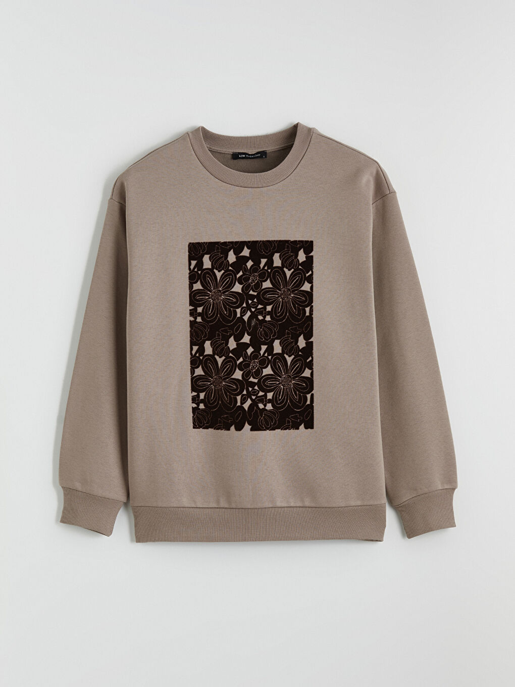 Kahverengi Bisiklet Yaka Baskılı Kadın Kalın Sweatshirt