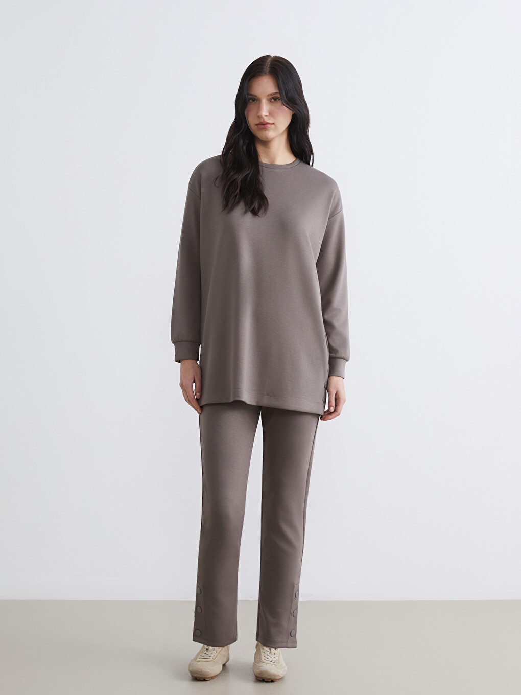 Kahverengi Soft Touch Oversize Kadın Sweatshirt Tunik-1
