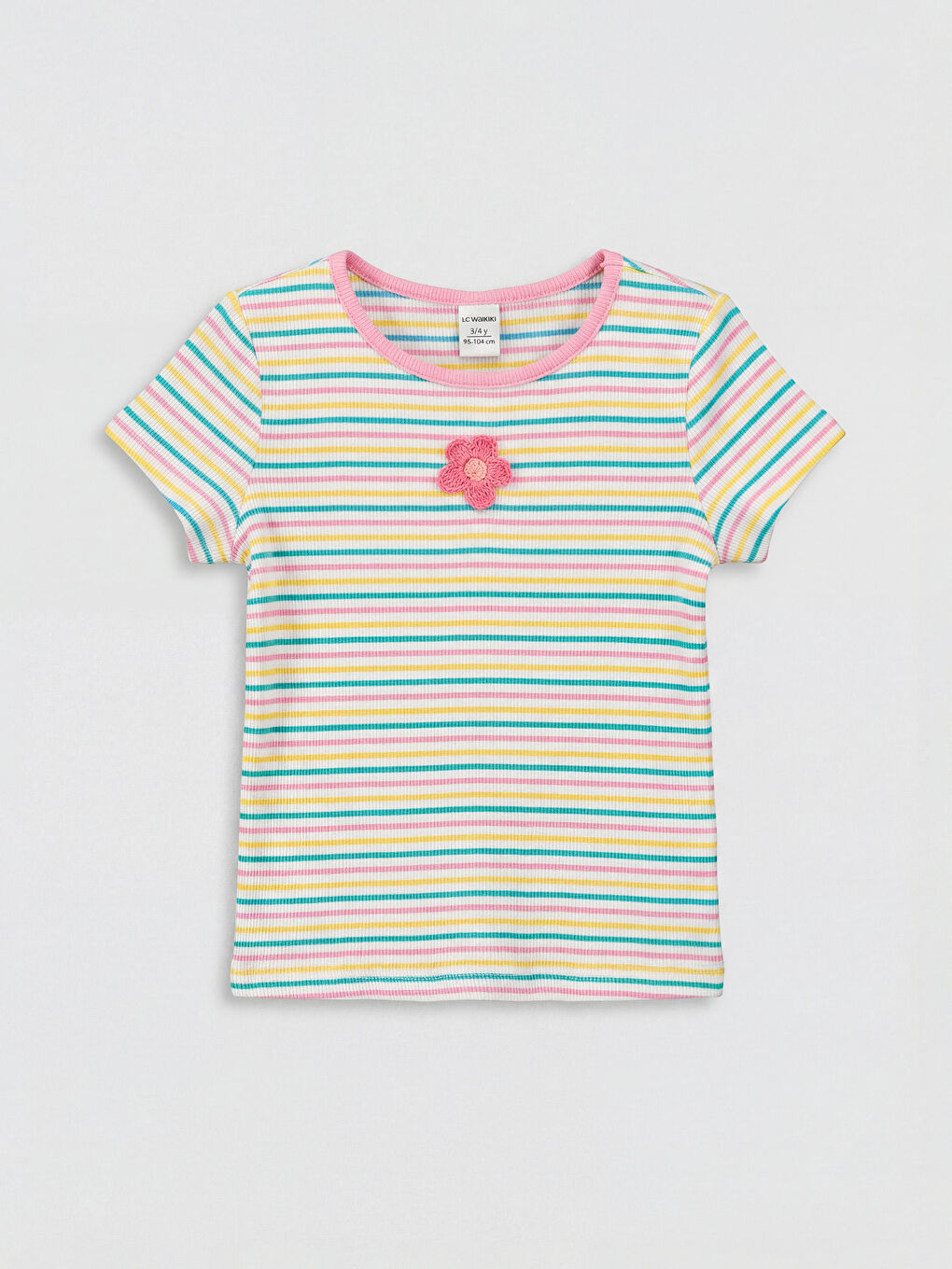 Ekru Bisiklet Yaka Çizgili Kız Çocuk Fitilli Tişört