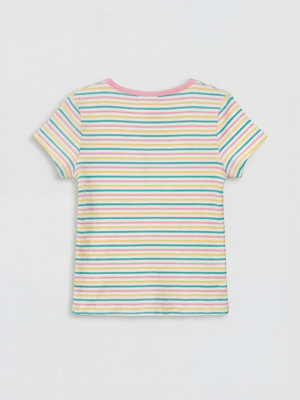 Ekru Bisiklet Yaka Çizgili Kız Çocuk Fitilli Tişört-1