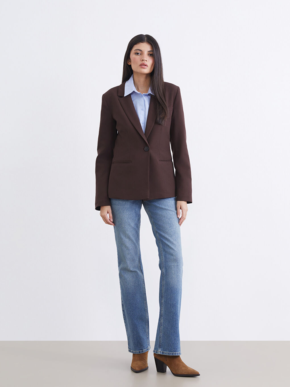 Kahverengi Krep Kadın Blazer Ceket-1