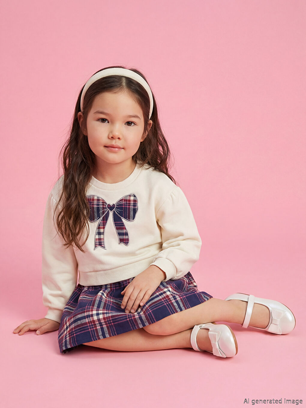 Crew Neck Plaid Pleated Girls' Thick Dress