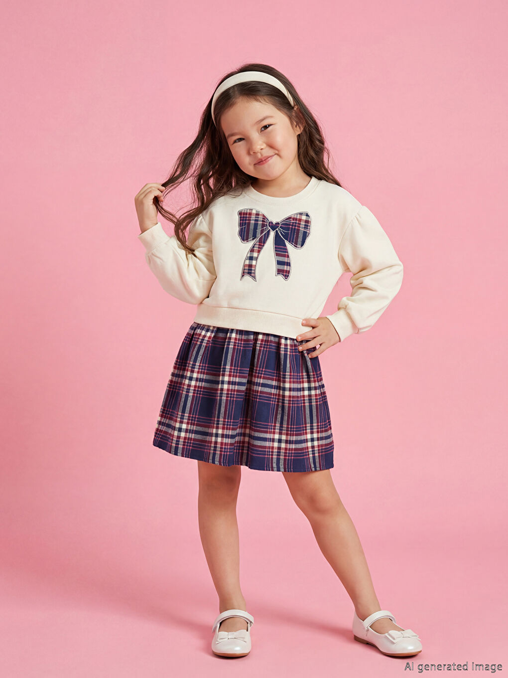 Crew Neck Plaid Pleated Girls' Thick Dress-1