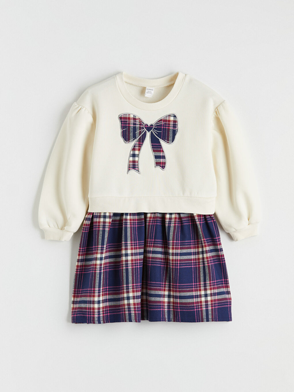 Ekru Bisiklet Yaka Ekose Pileli Kız Çocuk Kalın Elbise	