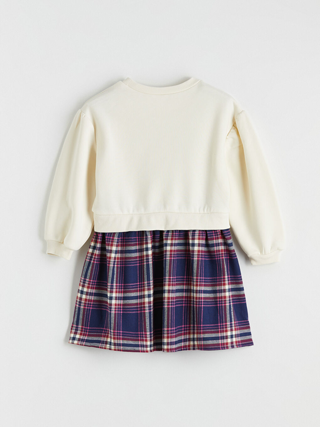 Ekru Bisiklet Yaka Ekose Pileli Kız Çocuk Kalın Elbise	-3