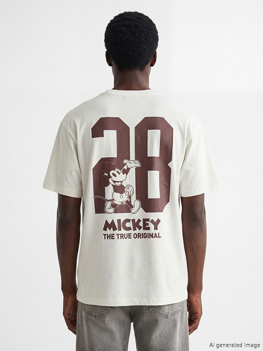 Ekru Bisiklet Yaka Mickey Mouse Baskılı Erkek Tişört-3