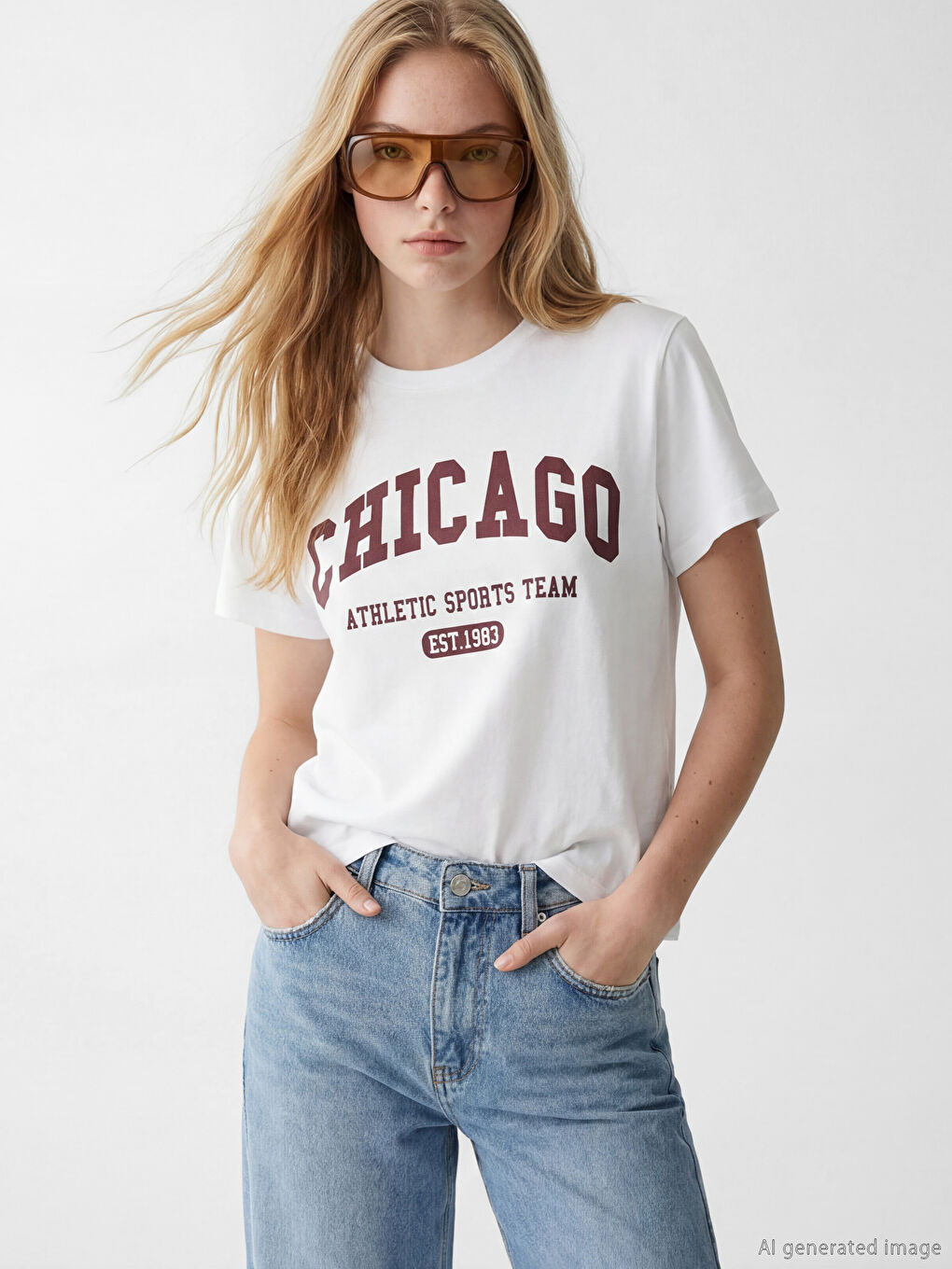 Тениска с обло деколте с щампа Chicago за жени