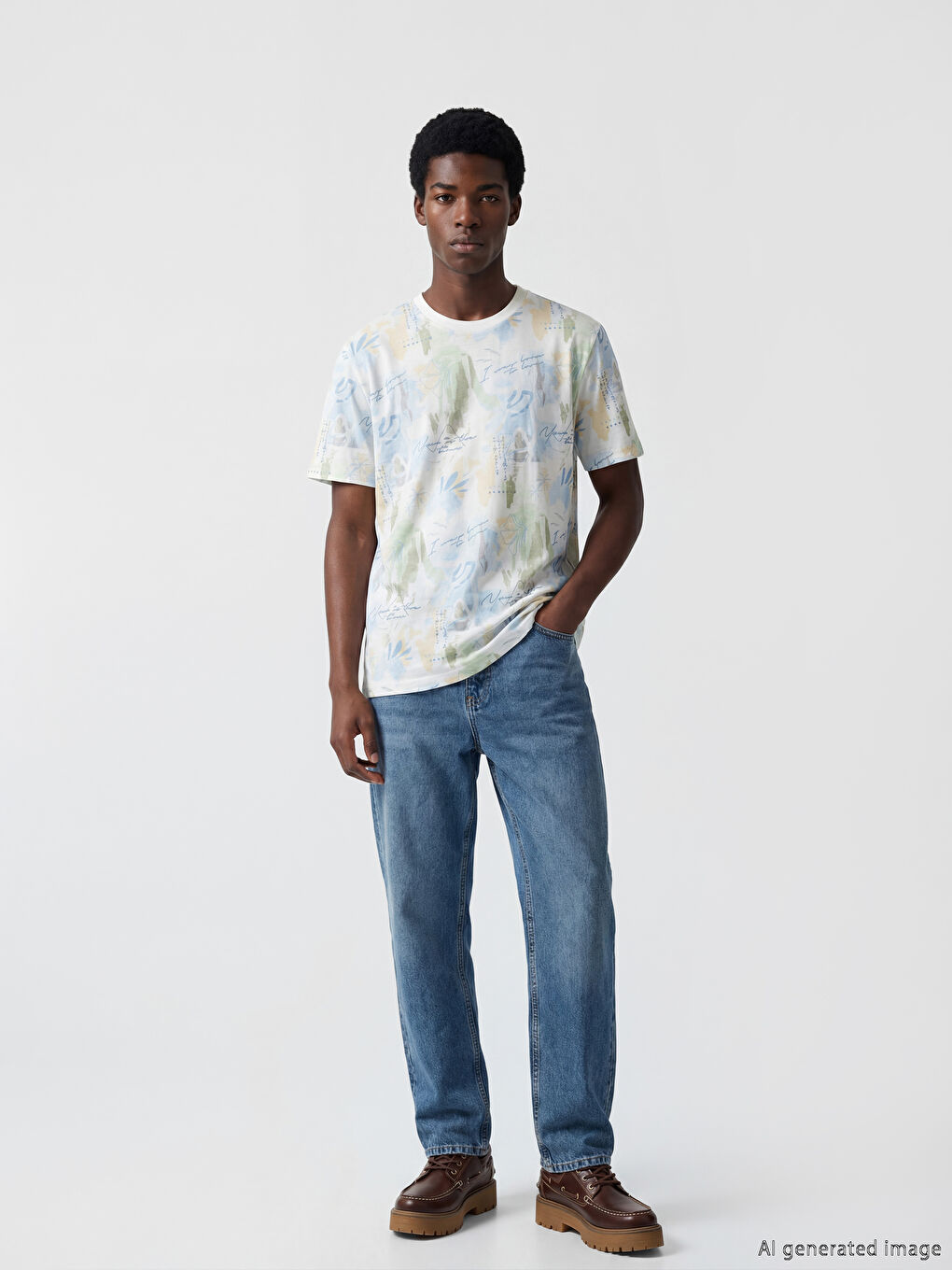 تي شيرت رجالي منقوش بياقة دائرية-1