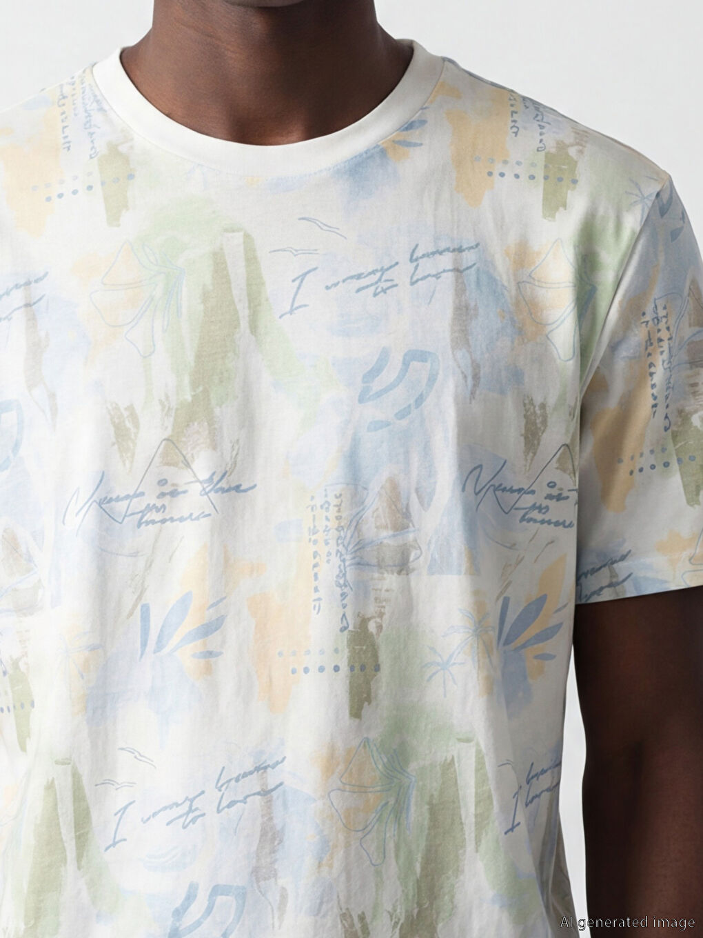 تي شيرت رجالي منقوش بياقة دائرية-2