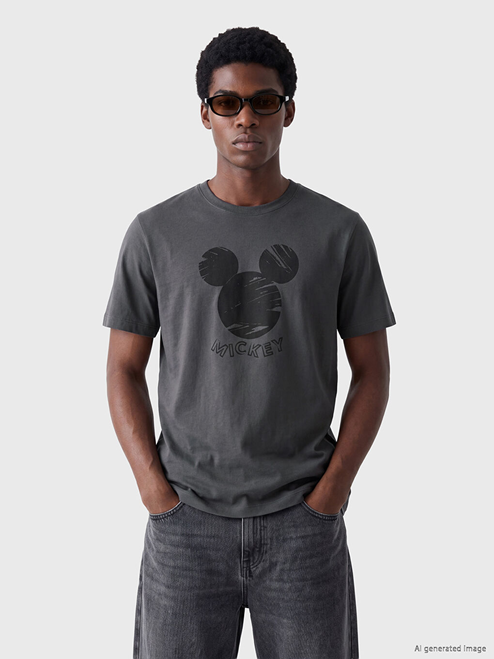 Antrasit Bisiklet Yaka Mickey Mouse Baskılı Erkek Tişört