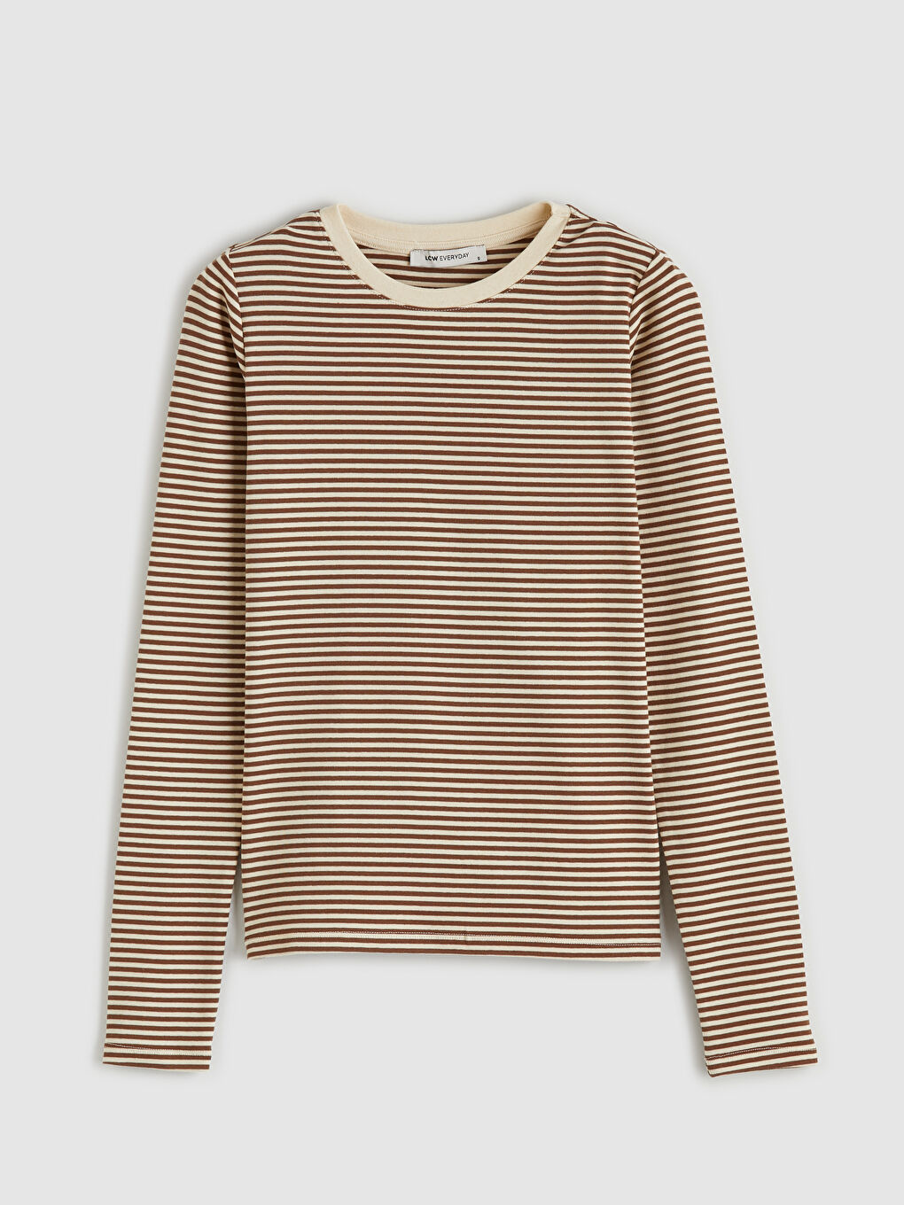 Bej Bisiklet Yaka Çizgili Kadın Tişört