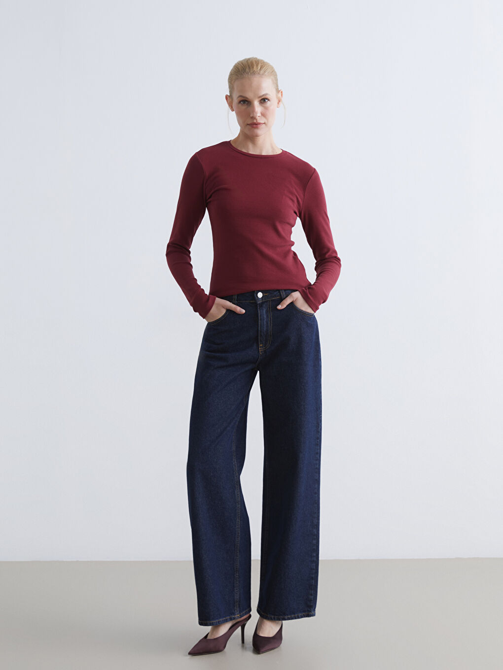 Bordo Bisiklet Yaka Kadın Body-1