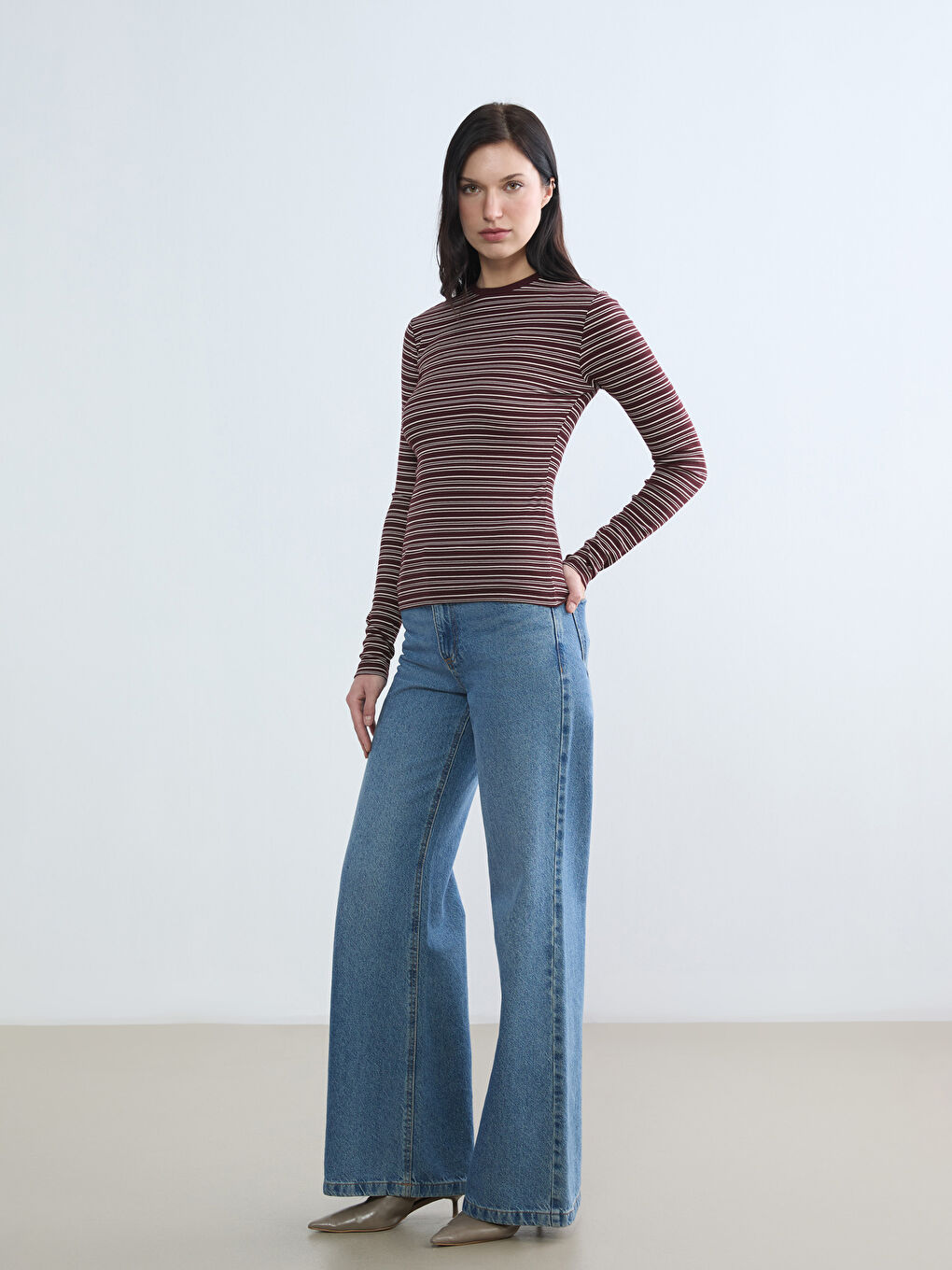 Bordo Bisiklet Yaka Çizgili Kadın Body-1