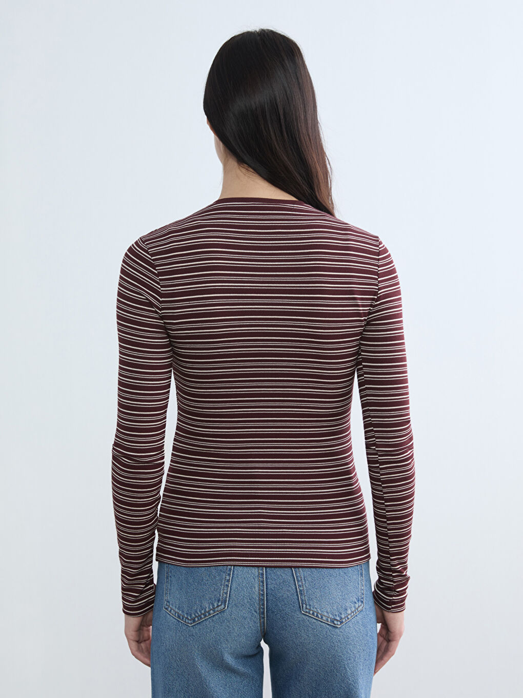 Bordo Bisiklet Yaka Çizgili Kadın Body-3