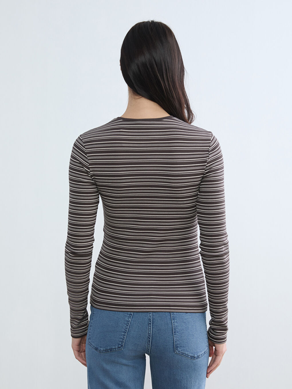 Kahverengi Bisiklet Yaka Çizgili Kadın Body-3