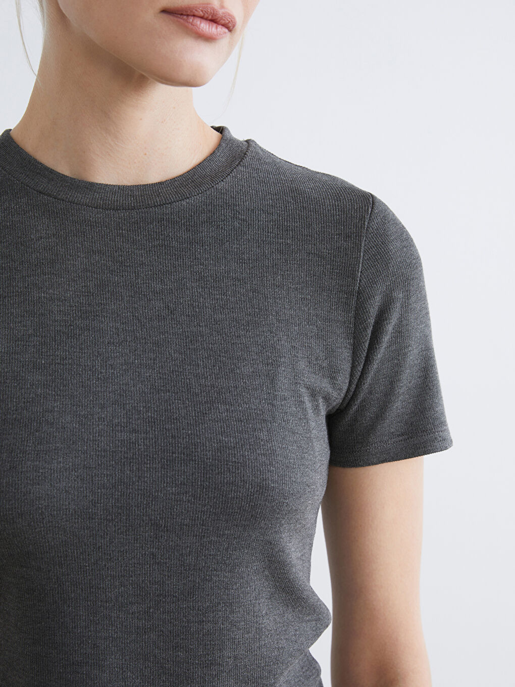 Antrasit Bisiklet Yaka Kadın Tişört-2