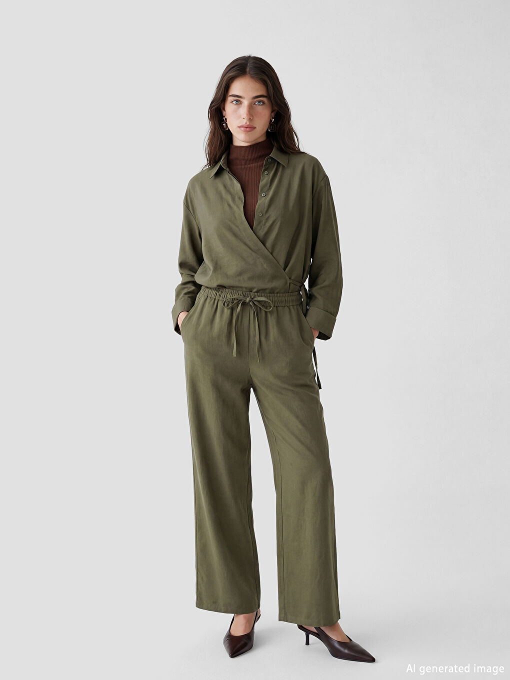 Haki Beli Lastikli Modal Karışımlı Kadın Pantolon