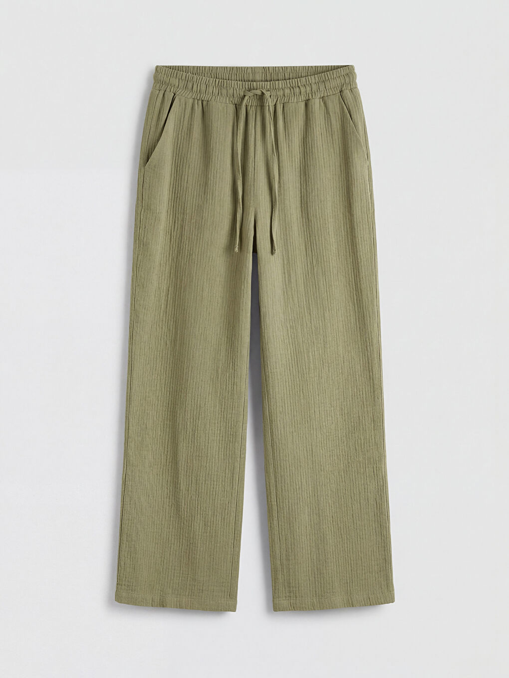 Haki Beli Lastikli Dokulu Kadın Pantolon