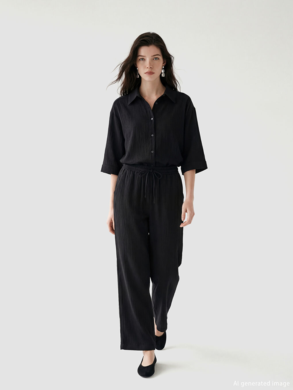 Siyah Beli Lastikli Dokulu Kadın Pantolon