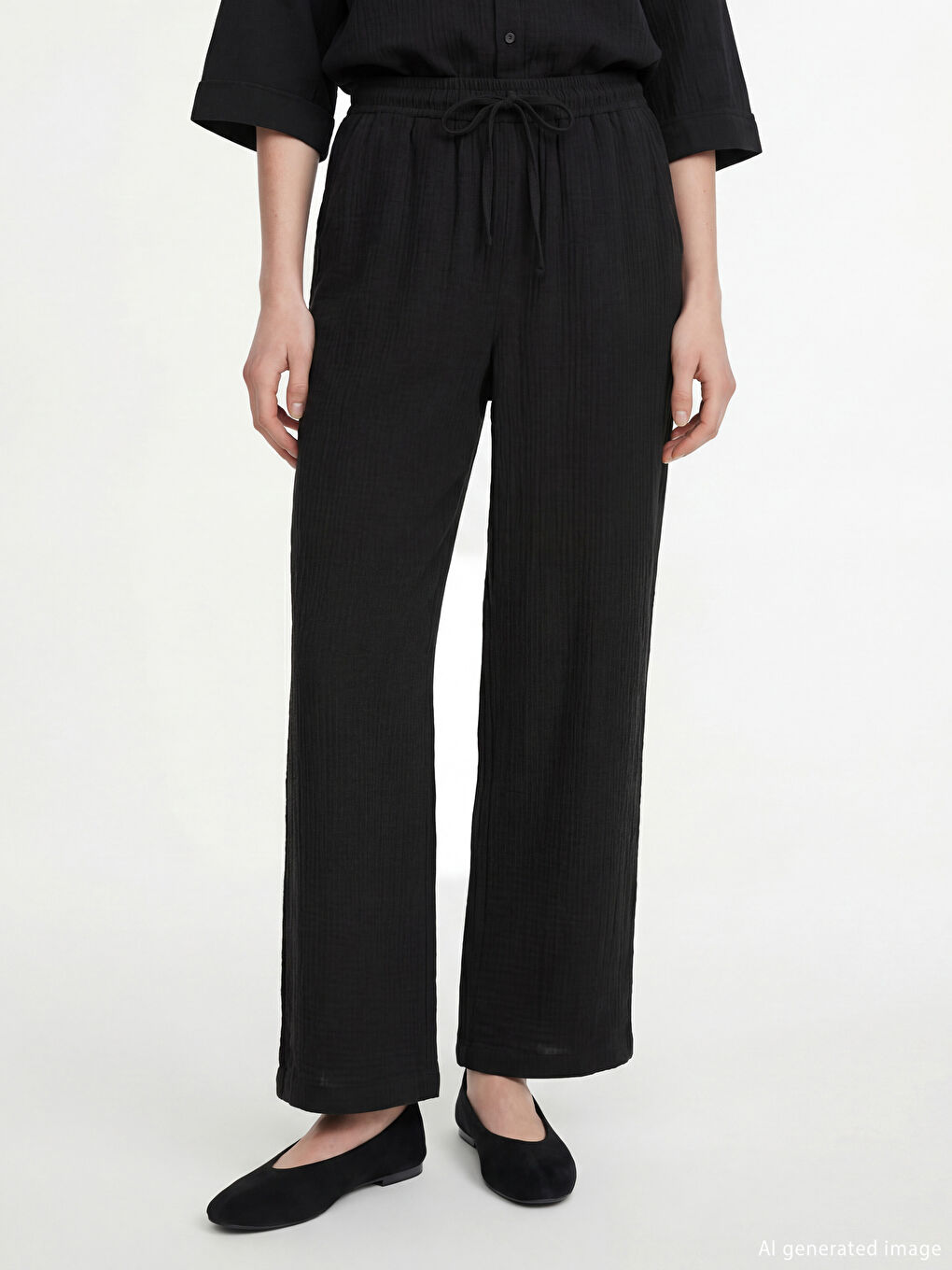 Siyah Beli Lastikli Dokulu Kadın Pantolon-2