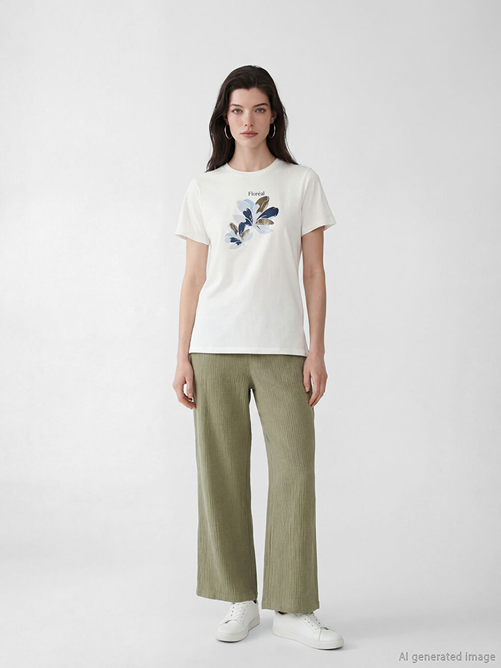 Haki Beli Lastikli Dokulu Kadın Pantolon