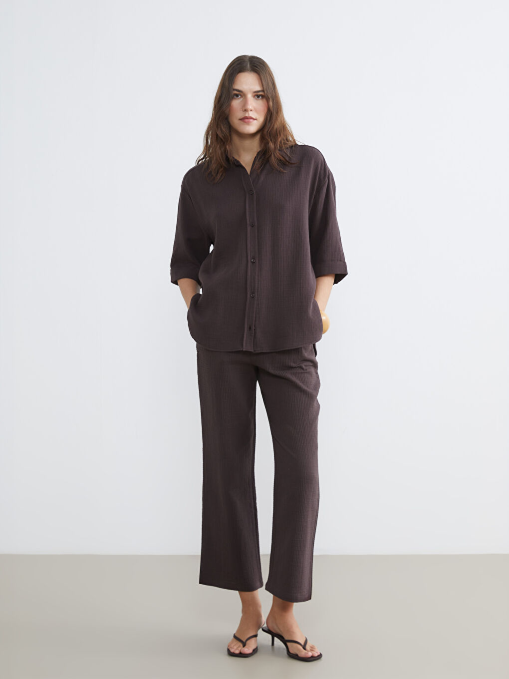 Kahverengi Beli Lastikli Dokulu Kadın Pantolon