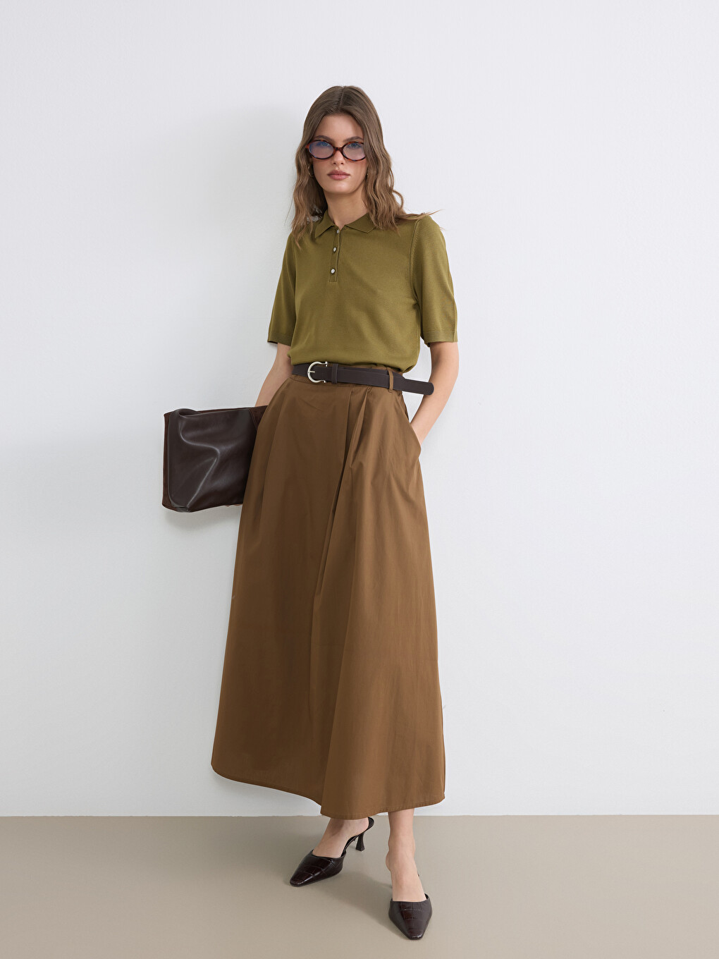 Belted A-line Poplin Skirt