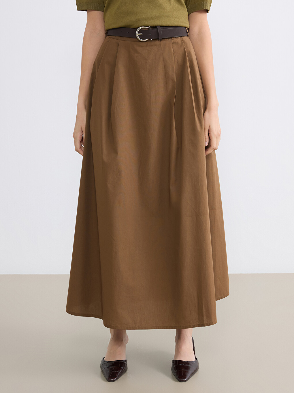 Belted A-line Poplin Skirt-1