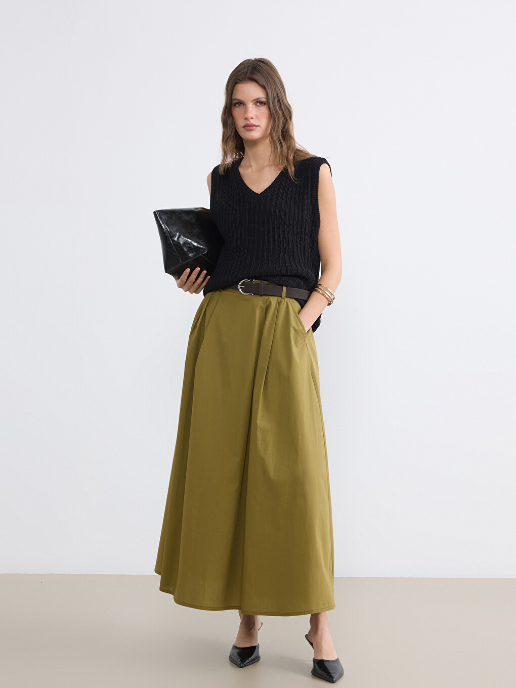 Belted A-line Poplin Skirt
